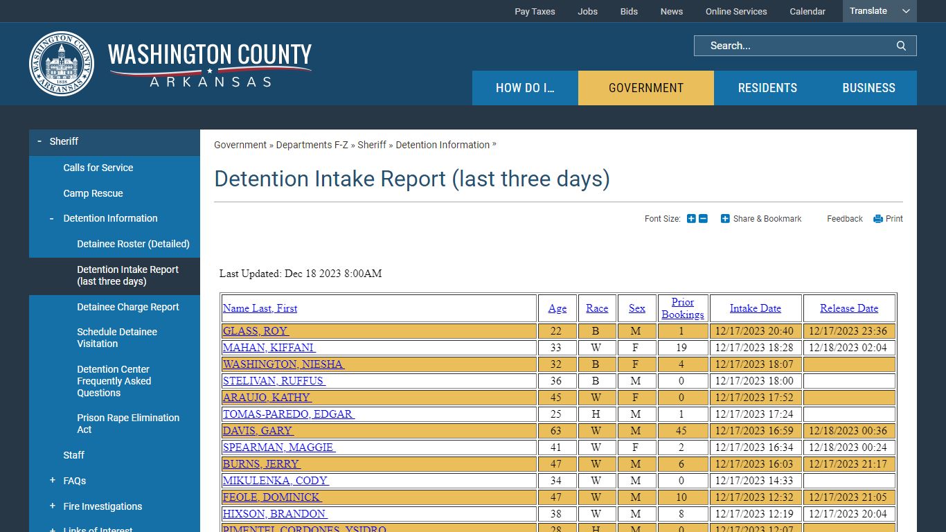Detention Intake Report (last three days) | Washington County, AR